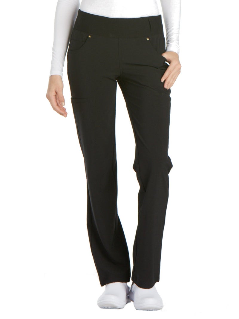 Cherokee Iflex Scrubs for Women, Yoga-Inspired Knit Waistband Scrub Pants CK002P, S Petite, Black - Image 1
